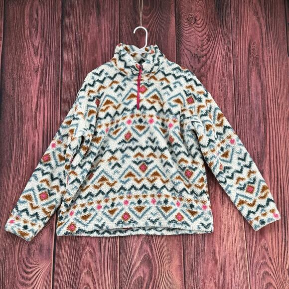 Eddie Bauer Plush 1/4 Zip Aztec‎ Ultrasoft Fleece Faux Fur Jacket Women XL White - Picture 1 of 12